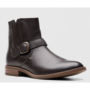 Clarks Camzin Leather Ankle Boots Brown Buckle Flat Comfort Zipper Booties